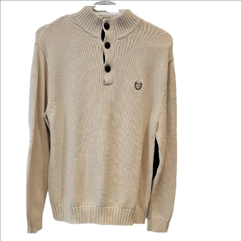CHAMPS Knit Sweater Mock Collar 3 Button Front Crest Elbow Patches Beige